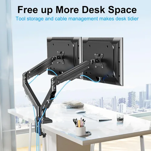 Miniatura 5 de Soporte de monitor doble para pantallas de hasta 43 pulgadas, brazo de monitor dual ultra ancho resistente con capacidad para 2.2-33 libras cada