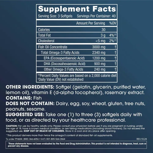 Miniatura 2 de ProHealth Suplementos de aceite de pescado omega-3 para mujeres y hombres, 120 cápsulas blandas, 1200 mg de EPA, 900 mg de DHA y otros ácidos