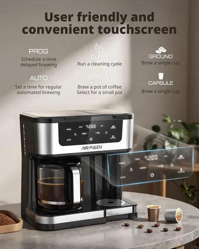 Miniatura 6 de AIRMSEN Cafetera Dual Programable de 12 Tazas – Máquina de una sola porción para Cápsulas K-Cup y Café Molido, 1000W de Preparación Rápida, Inicio