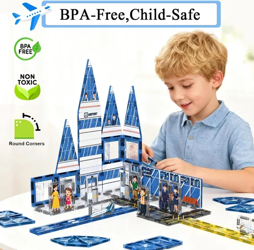 Miniatura 2 de AFUNX - Azulejos magnéticos, set de 54 piezas con tema de aeropuerto, bloques de construcción magnéticos y juguetes educativos STEM para niños
