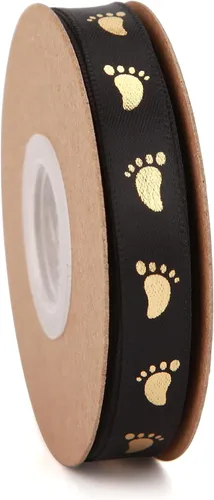 Miniatura 5 de Meseey 2 rollos en total de 20 yardas de cinta de bienvenida para bebé, cintas negras y doradas con estampado de pies para manualidades, pasteles
