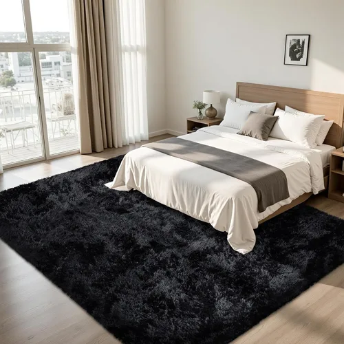Miniatura 3 de Alfombra de Área de 8 x 10 pies para Sala de Estar: Alfombras Negras Ultra Suaves y Esponjosas Shag, Alfombra Grande de Felpa Difusa Antideslizante