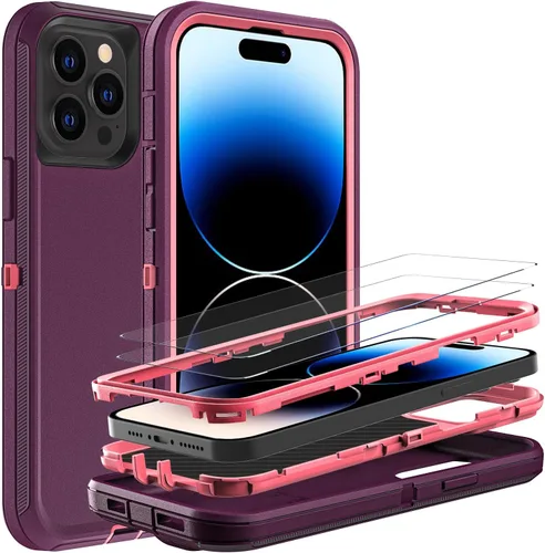 Miniatura 8 de YKHJKLEC Funda para iPhone 14 Pro, grado militar 3 en 1, resistente a los golpes, a prueba de caídas, polvo con 2 protectores de pantalla de vidrio