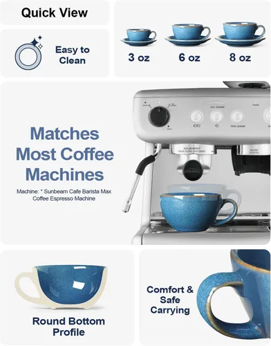 Miniatura 2 de LE TAUCI Juego de 4 tazas de capuchino de 6 onzas con platillos, juego de 4 tazas de café de cerámica y platillos para café con leche, Au Lait