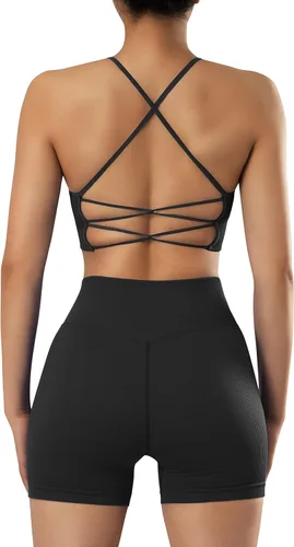 RXRXCOCO Conjuntos de entrenamiento para mujer, 2 piezas, conjuntos de yoga acanalados, sin costuras, cintura alta, pantalones cortos con brasier