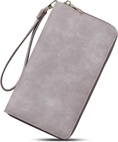 CLUCI Cartera para mujer, de gran capacidad, de cuero, con cremallera, para teléfono, para mujer, billetera, billetes, 2-4 Gris bicolor, Vintage