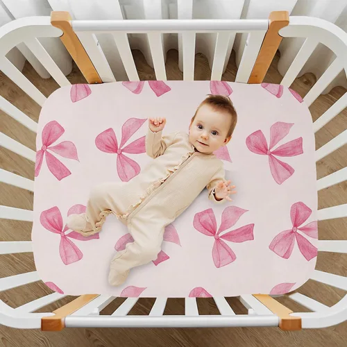 Miniatura 7 de Burbuja Sábana bajera ajustable para cuna para niñas y niños, con lazo rosa, suave, transpirable, para colchones estándar de cuna y cama de niño