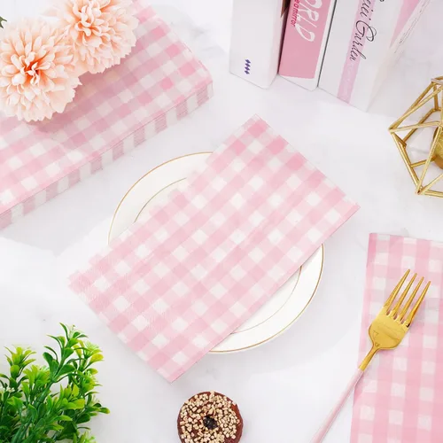 Miniatura 4 de Whaline Servilletas de papel desechables a cuadros de búfalo de color rosa claro, 3 capas, para cena de boda, toalla de mano para cumpleaños, novia
