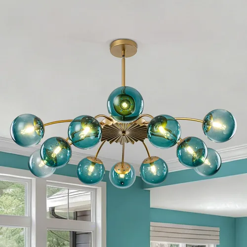 Miniatura 13 de Candelabros Sputnik dorados con globo de vidrio azul, lámpara de techo empotrada con 3 luces de acento de flor de mediados de siglo, candelabros