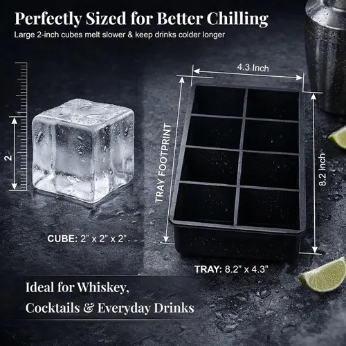 Miniatura 2 de Bandeja grande de silicona para cubitos de hielo, paquete de 3 bandejas para 8 cubos cuadrados con cubo grande, cuchara, pinza y 2 pajitas SS, molde