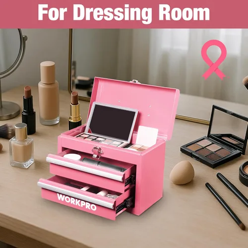 Miniatura 8 de WORKPRO Mini caja de herramientas portátil, caja de herramientas de metal con 2 cajones con deslizadores de rodamientos de bolas, almacenamiento Rosa