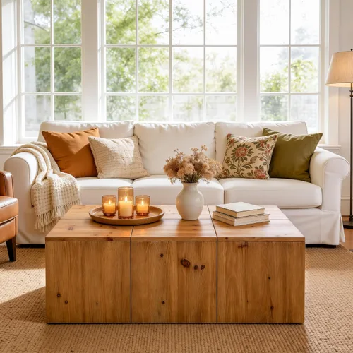 Miniatura 9 de Mesa auxiliar rectangular de madera maciza de 47 pulgadas, mesa central de granja con veta de madera natural, construcción resistente sin tambaleo