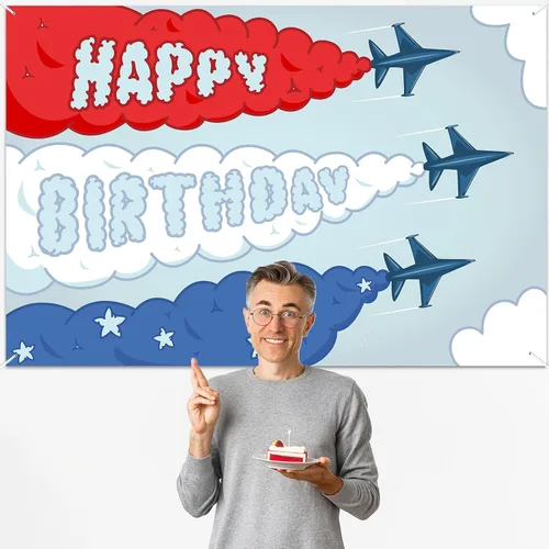 Miniatura 5 de Cartel de feliz cumpleaños de avión, telón de fondo de tiempo vuela cielo, nube arriba y lejos, decoración temática para aviador, niños, niñas