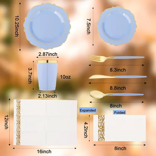Miniatura 8 de Elegante juego de vajilla desechable azul y dorado para 25 invitados, 175 platos de plástico resistente, tazas y cubiertos dorados para baby