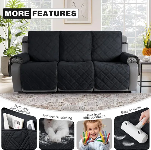 Miniatura 6 de TAOCOCO Funda impermeable 100% impermeable para sofá reclinable de 3 asientos, funda de sofá reclinable dividida de 3 piezas con correas, funda Negro