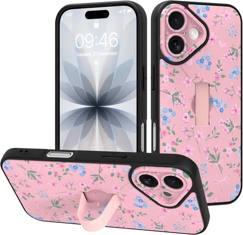Miniatura 26 de Funda diseñada para iPhone 17 Pro Max con soporte plegable y correa para dedos, bonito patrón de lazo de corazón de flor rosa para mujeres y niñas