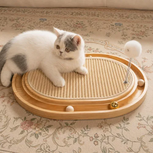 CHEERHOME PETS Juguete rascador de sisal para gatos con pista de bolas, juguete interactivo de madera para gatos de interior, almohadilla para