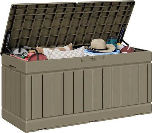 Miniatura 27 de JUMMICO Caja de resina de 31 galones, cajas de almacenamiento impermeables para interiores y exteriores para muebles de patio, cojines y Negro