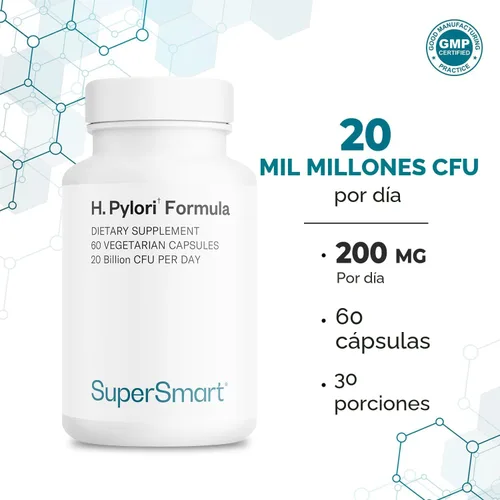 Miniatura 5 de Supersmart H. Pylori Fórmula 20 mil millones de UFC por día (alta potencia) - Probiota patentado Pylopass Lactobacillus Reuteri DSM 17648 Sin OMG
