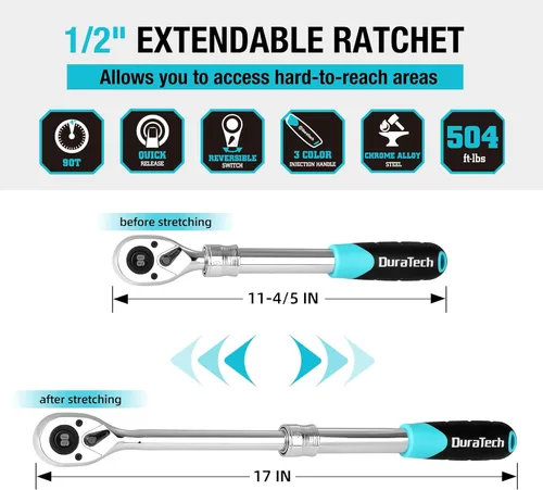 Miniatura 2 de DURATECH Trinquete de accionamiento extensible de 1/2 pulgadas, llave de trinquete reversible de 90 dientes con liberación rápida con mango