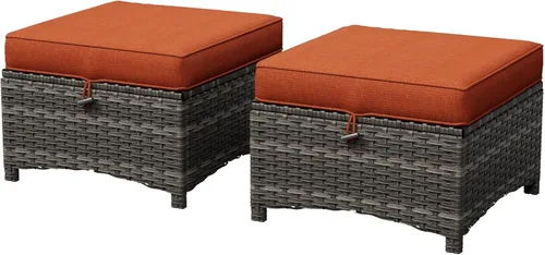 Miniatura 8 de Juego de 2 otomanas para patio, 22 x 22 x 18 pulgadas, reposapiés de mimbre para exteriores con cojín, azul, para jardín, patio trasero, cubierta