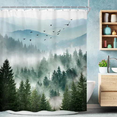 Miniatura 25 de Riyidecor - Cortina de ducha para baño pequeño de montaña, 36 pulgadas de ancho x 72 pulgadas de alto, verde, para RV, temática rústica, naturaleza