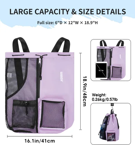 Miniatura 5 de WANDF Mochila de Malla con Cordón para Natación, con Bolsillo para Artículos Húmedos, para Natación, Gimnasio y Equipo de Entrenamiento Púrpura