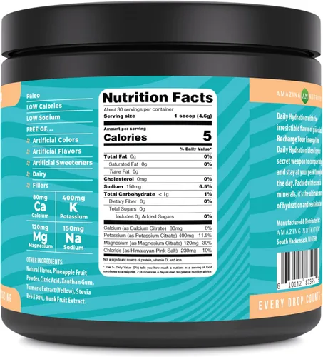 Miniatura 2 de Amazing Nutrition Hidratación diaria, polvo de electrolitos, 30 porciones, empaquetado con minerales esenciales, sin azúcar, apto para dieta
