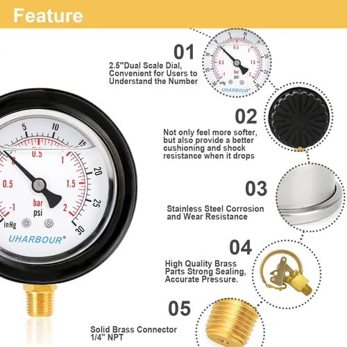 Miniatura 2 de Medidor de vacío de presión de 2-1/2 pulgadas con relleno de líquido -30 inhg/30 PSI, funda protectora de goma, montaje inferior de latón de 1/4