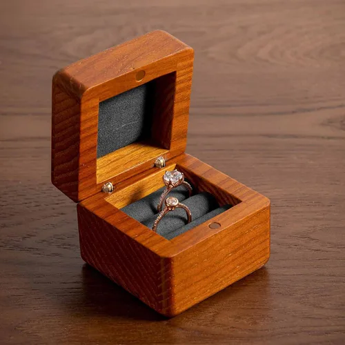 Miniatura 3 de Woodten Caja de anillo de boda de madera maciza Caja de anillo doble de madera cuadrada para propuesta