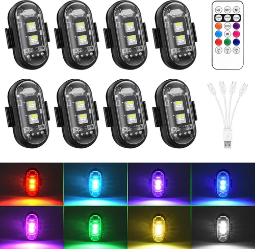 Miniatura 8 de Luces estroboscópicas RGB LED inalámbricas para aviones con control remoto, 8 colores, 10 modos de parpadeo, carga USB, luces anticolisión