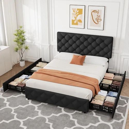 Miniatura 7 de IDEALHOUSE Base de cama de tamaño matrimonial con 4 cajones de almacenamiento y cabecera ajustable, camas de plataforma tapizadas con tapizado
