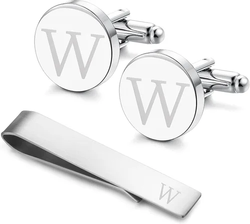 Miniatura 58 de LOYALLOOK - Gemelos de acero inoxidable grabados con inicial y clip de corbata, diseño de letras del alfabeto con caja de regalo, A-Z