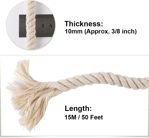 Miniatura 3 de Tenn Well Cuerda de macramé de 0.394 pulgadas, cuerda gruesa de algodón sin blanquear de 50 pies para manualidades, ganchos de plantas, cuerdas