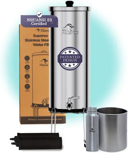 Filteroo® Superoo - Sistema de filtro de agua por gravedad para encimera, 3.17 galones/12L, acero inoxidable 304, 2 filtros de carbono, purificador