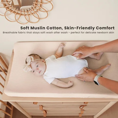 Miniatura 2 de Konssy Funda para Cambiador de Muselina para Bebés Niñas y Niños, 100% Algodón Ajustada Cubiertas de Mesa de Cambio de Pañales, Sábanas de Cambiador