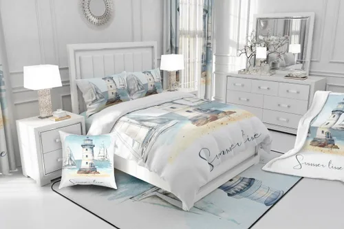 Miniatura 4 de Erosebridal Juego de colcha náutica, juego de edredón de lancha de vela, faro, acuarela con temática oceánica, juego de ropa de cama de verano