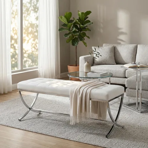 Miniatura 4 de LukeAlon Moderno banco de comedor de piel sintética, banco otomano con botones copetudos con acabado cromado en forma de X, banco tapizado