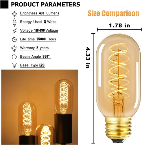 Miniatura 3 de Bombilla LED vintage de filamento espiral T14, base E26, 4W equivalente a 40W, blanco cálido, 2200K, regulable, AC120V, 400LM, vidrio ámbar, paquete