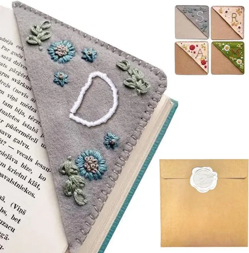 Miniatura 90 de Marcapáginas de esquina bordado a mano personalizado, 26 letras con costura a mano de fieltro, marcapáginas de esquina con bordado de flores lindo