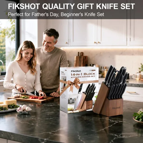 Miniatura 9 de FIKSHOT - Juego de bloques de cuchillos, juego de cuchillos de cocina de acero inoxidable de alto carbono, espiga completa, hoja afilada resistente