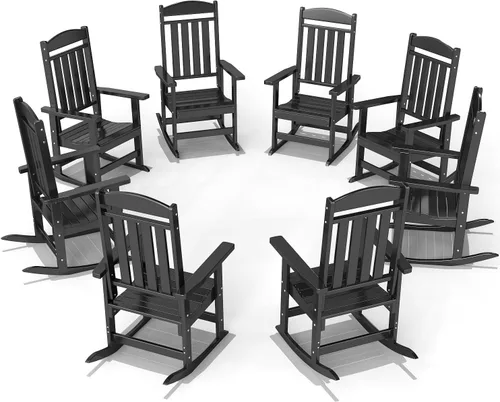 Miniatura 29 de FOOWIN Juego de sillas mecedoras de patio de 2 piezas, mecedora de porche con respaldo alto de HDPE, mecedora de porche de madera de polietileno