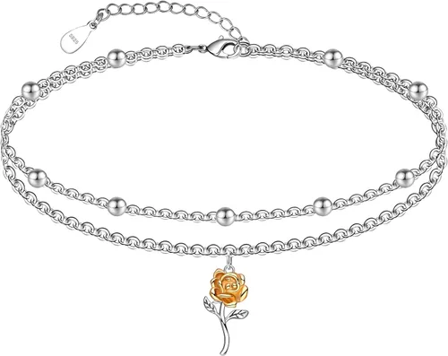 Miniatura 122 de CHIC & ARTSY Tobilleras delicadas de plata de ley S925 para verano, pulsera de tobillo ajustable multicapa para playa, joyería de pie para mujer