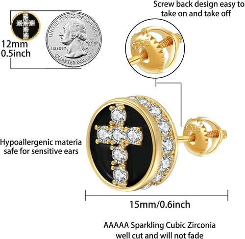 Miniatura 2 de Aretes para hombre, aretes para hombre, chapados en oro de 18 quilates, redondos, cuadrados y circonitas, aretes de plata de ley 925 con cierre