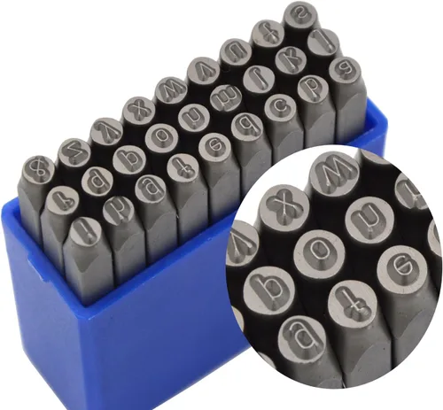 Miniatura 30 de Juego de 27 sellos de acero resistente con letras mayúsculas de 3/64" 1mm, kit de punzones de alfabeto para estampado a mano de caracteres, código