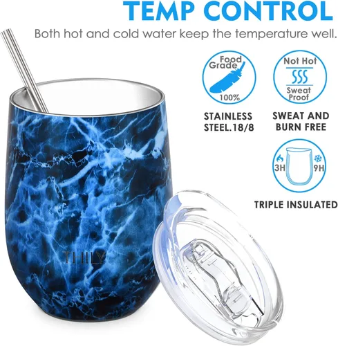 Miniatura 2 de THILY Vaso de vino aislado de acero inoxidable de 12 onzas, copa de vino sin tallo con tapa deslizante y popote de metal, taza de viaje que mantiene