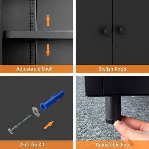 Miniatura 5 de Armario de almacenamiento de metal con 2 puertas y estante ajustable, aparador de acero para el hogar, oficina, garaje, entrada, sala de estar, Negro