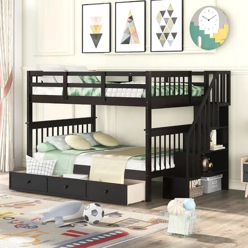 Miniatura 10 de Literas para niños con escalera, literas de madera maciza con barandilla completa