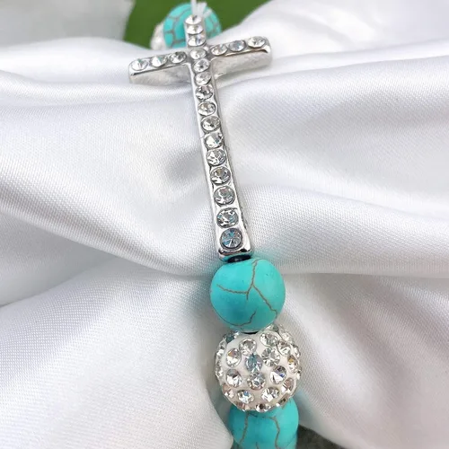 Miniatura 5 de Bocar Pulsera elástica de cuentas de cristal con cruz lateral chapada en metal
