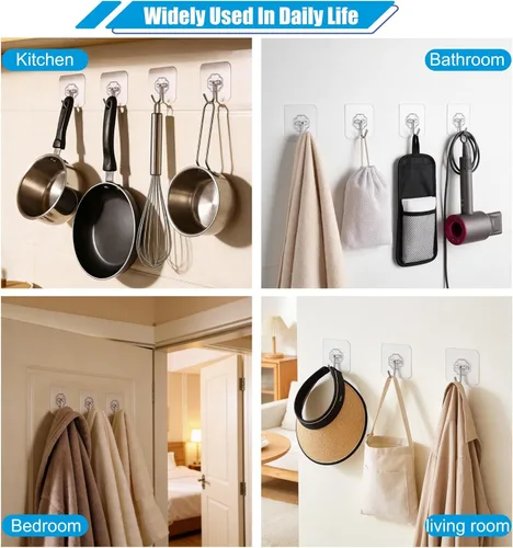 Miniatura 3 de Ganchos de pared de 33 libras (MÁX) autoadhesivos resistentes, 10 unidades, impermeables y a prueba de aceite, ganchos transparentes sin costuras